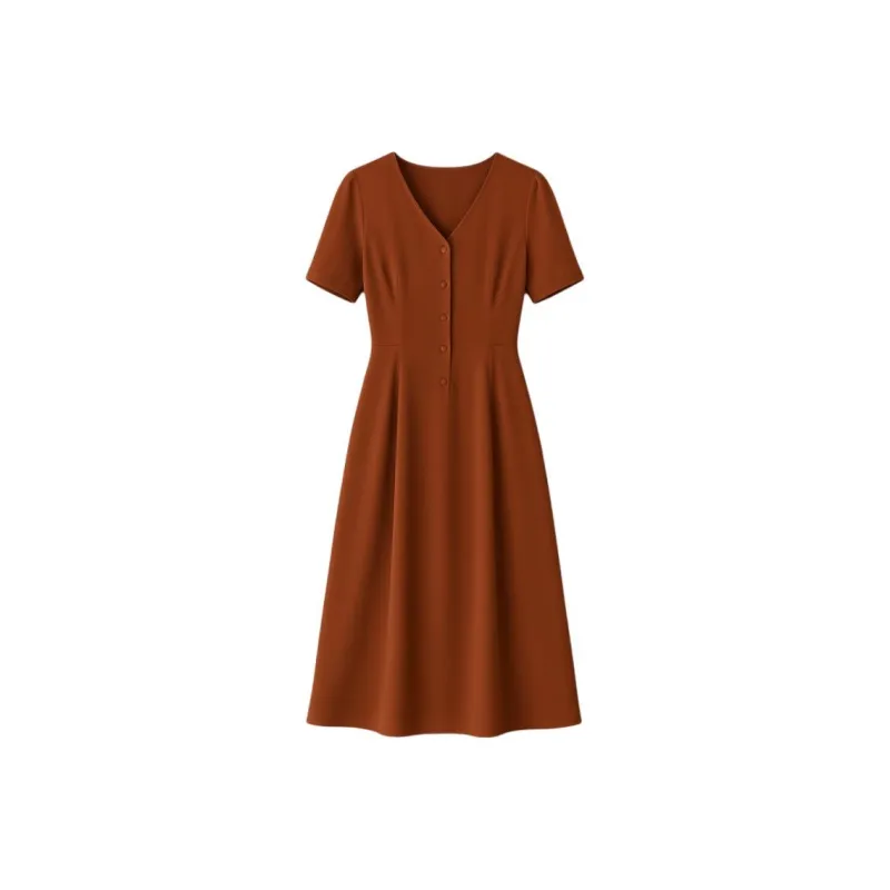 LUYOUYE Short Sleeved Dress Women's Brick Red-0