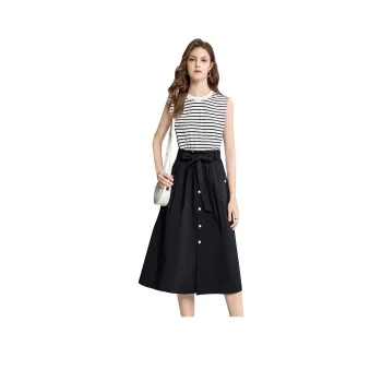 TOUCH Sleeveless Dress Women's Black/White Stripes With Black Accents