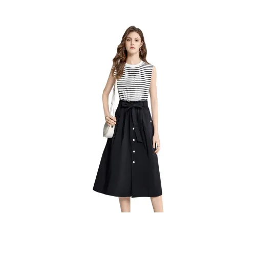 TOUCH Sleeveless Dress Women's Black/White Stripes With Black Accents