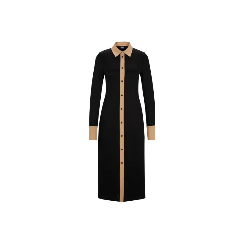 HUGO BOSS Long-Length Shirt-Style Dress In Ribbed Jersey Long-Sleeved Dresses Women's Black-0