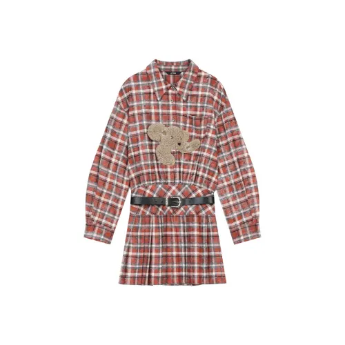 ELF SACK Long Sleeved Dress Women's Brick Red Plaid