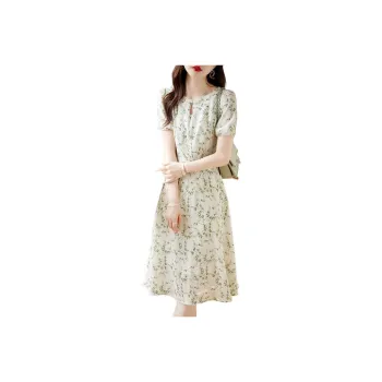 Still Quiet Short-Sleeved Dresses Women's Beige+Green