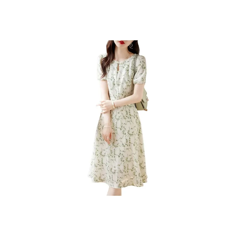 Still Quiet Short Sleeved Dress Women's Beige+Green-0
