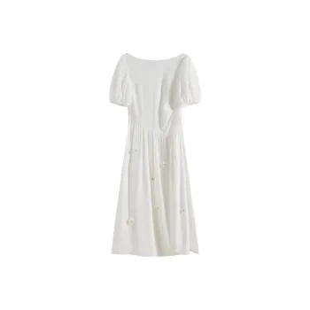 FANSILANEN Design Inspired Waist Cinching Formal Short Sleeved Dress Women's White