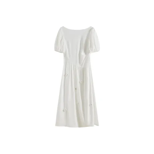 FANSILANEN Design Inspired Waist Cinching Formal Short Sleeved Dress Women's White
