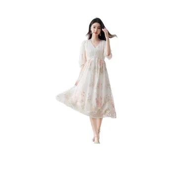 To The West Long-Sleeved Dresses Women's White Base Pink Large Floral Embroidered