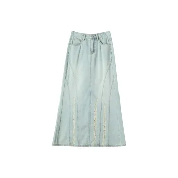 FAWENXIANGZI Denim Long Skirt Women's Blue