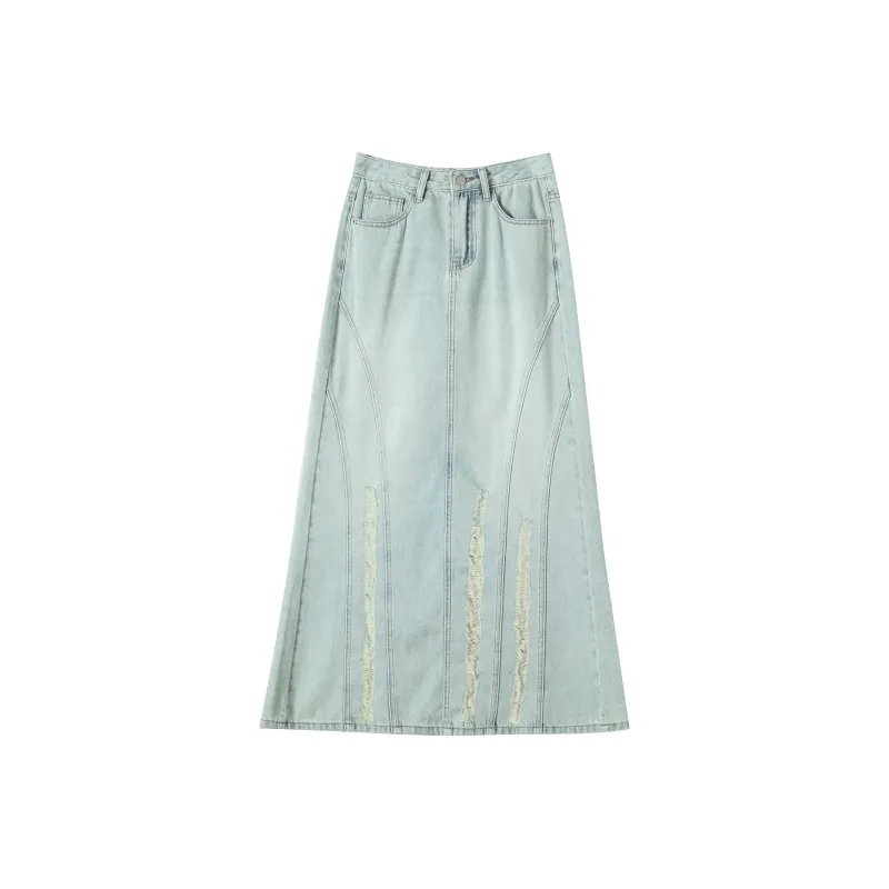 FAWENXIANGZI Denim Long Skirt Women's Blue-0