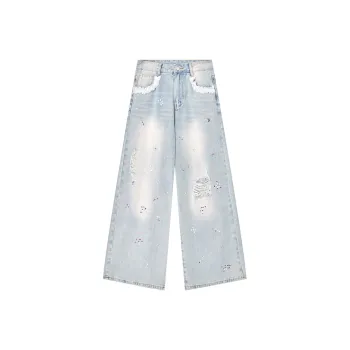 ELF SACK Jeans Women's Colored Rhinestone Washed Blue