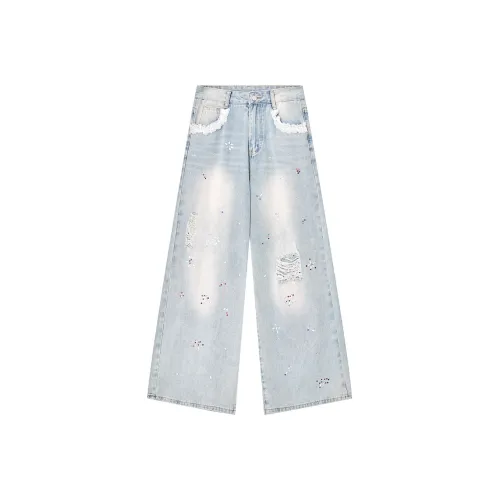 ELF SACK Jeans Women's Colored Rhinestone Washed Blue
