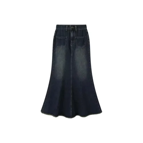 PZGE Denim Long Skirts Women's Vintage Blue