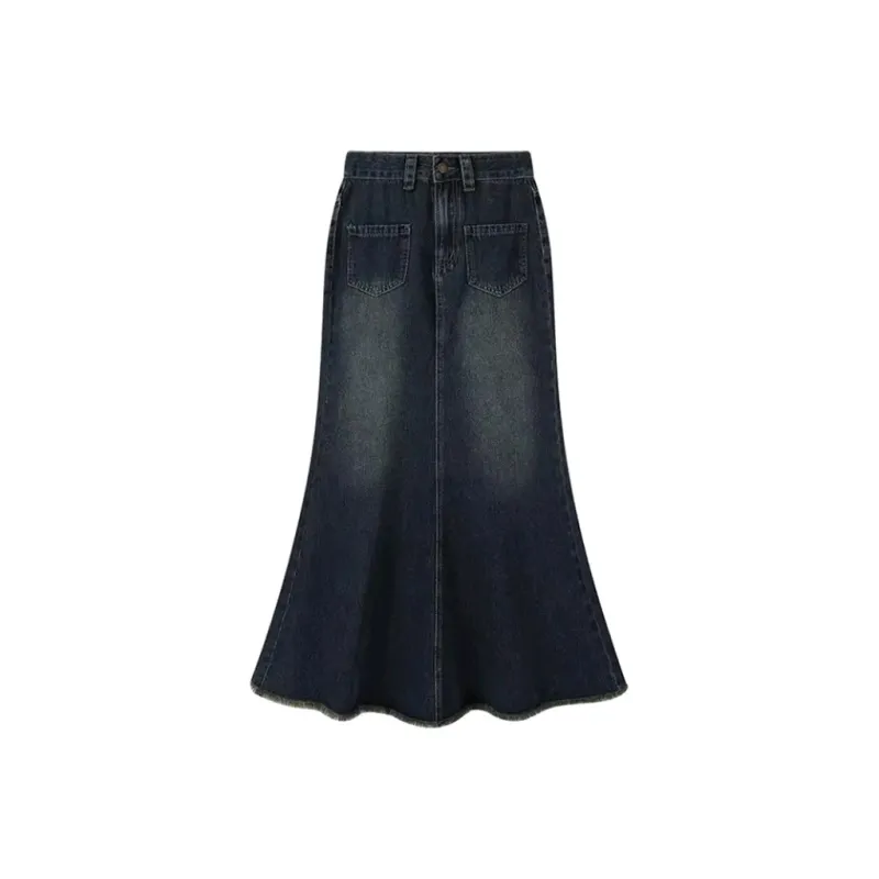 PZGE Denim Long Skirts Women's Vintage Blue-0