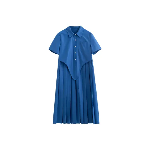 Initial Language Short Sleeved Dresses Women's Moon Blue
