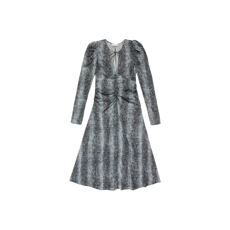 GANNI Ruched Detailed V Neck Midi Dress-0