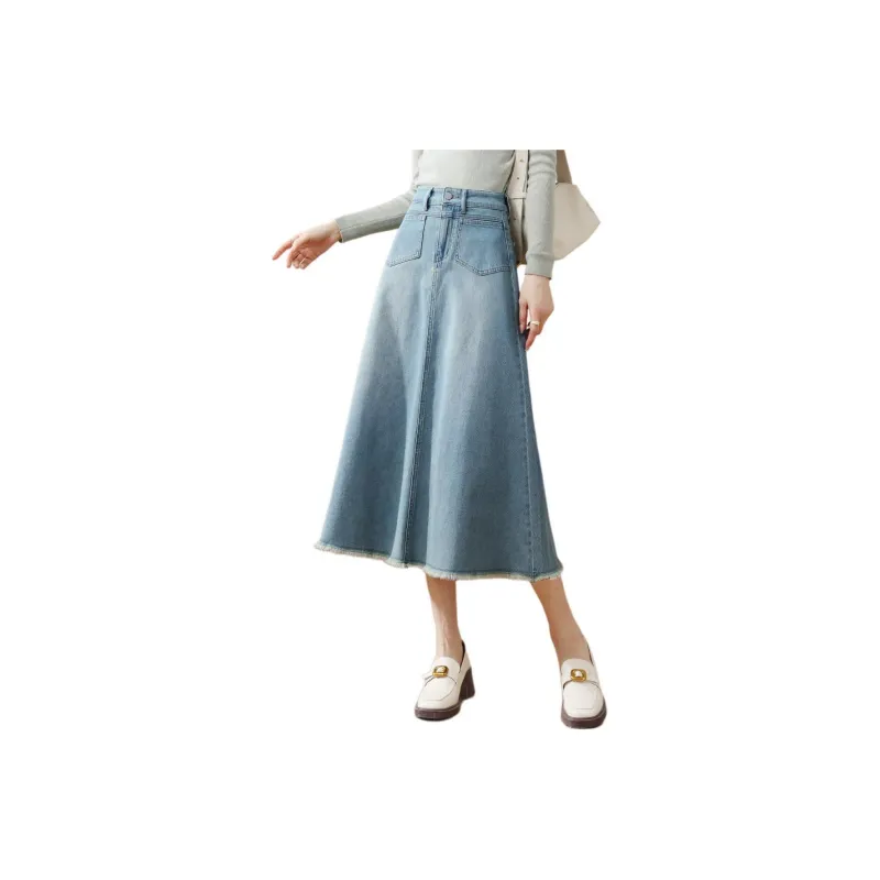 HIPPIEMISS Denim Long Skirts Women's Vintage Light Blue-0