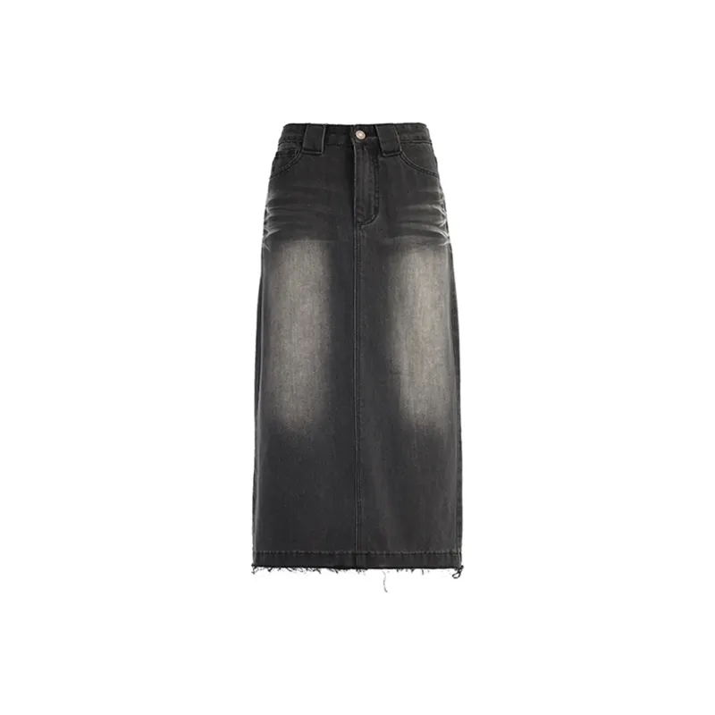 Wen Shan Denim Long Skirt Women's Black Gray-0