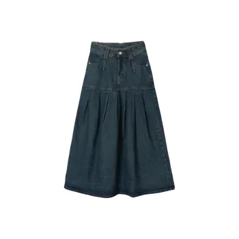 FAWENXIANGZI Denim Long Skirt Women's Vintage Blue