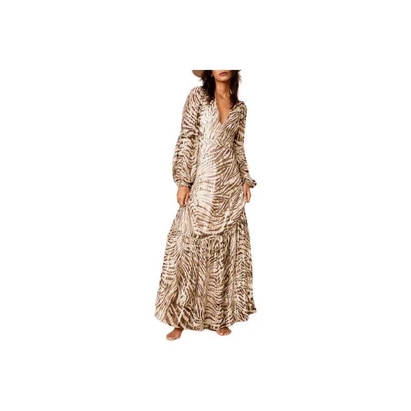 NASTY GAL Zebra Metallic Cut Out Maxi Dress Long-Sleeved Dresses Women's Gold-0