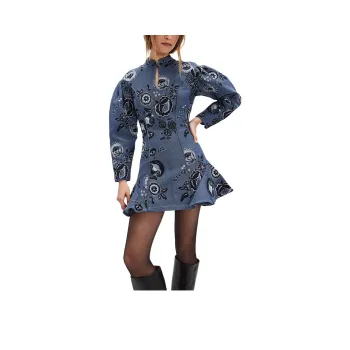 FREE PEOPLE Ara Short Dress Long-Sleeved Dresses Women's Blue Jacquard/Blue Jacquard
