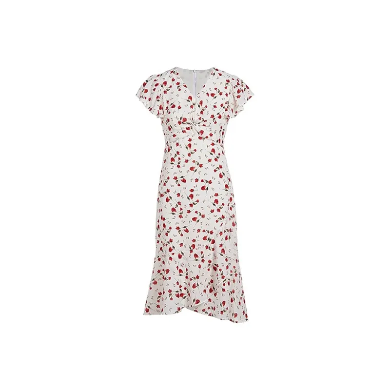 HDFULERN Short-Sleeved Dresses Women's White Base With Flowers-0