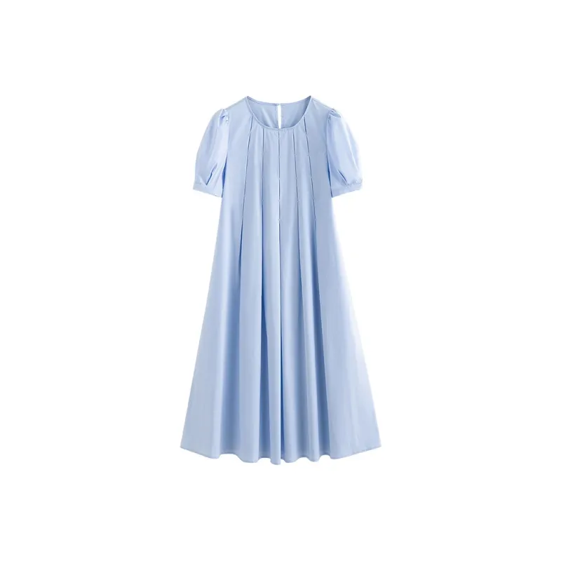 Initial Language Short Sleeved Dresses Women's Light Blue-0