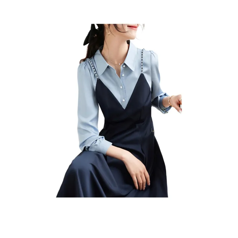 Mo Han Yi Mei Long Sleeved Dresses Women's Navy Blue-0