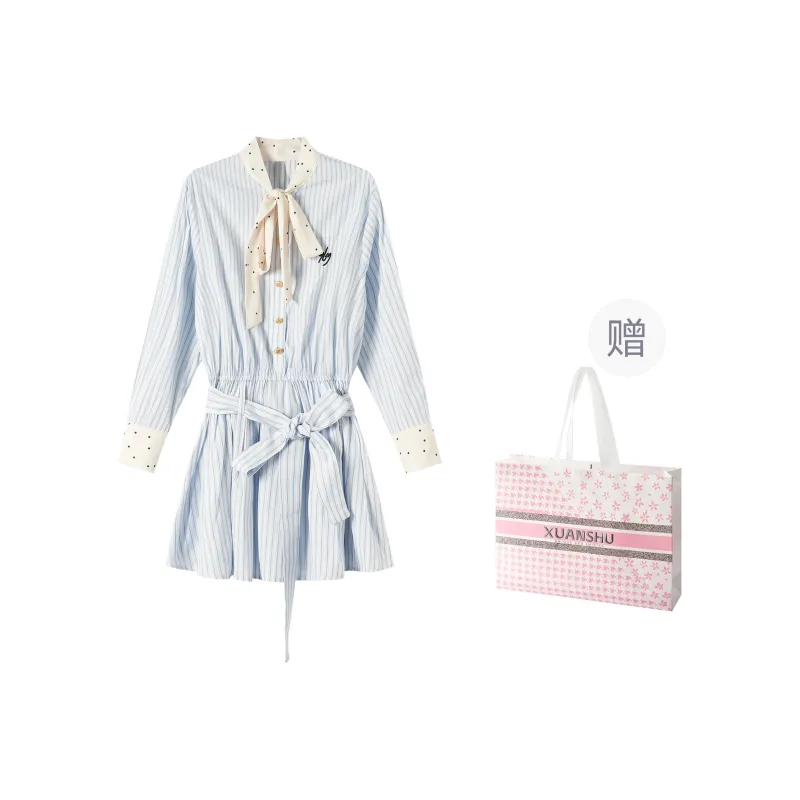 XUANSHU Long Sleeved Dress Women's Blue-3