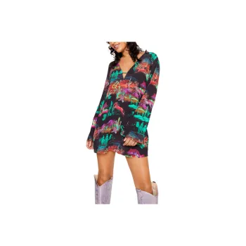 NASTY GAL Rodeo Plunge Smock Mini Dress Long Sleeved Dresses Women's Black