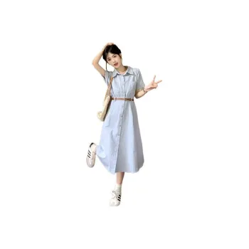 Juden Choi Workwear Shirt Short Sleeved Dress With Cinched Waist Slimming Mid Length Skirt Women's Blue