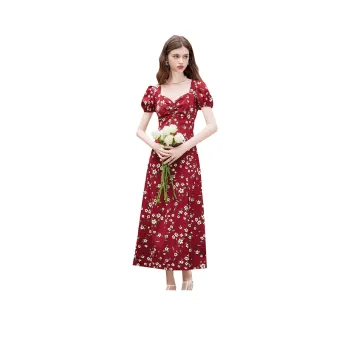 TOUCH Short Sleeved Dress Women's Red With Beige Green Floral
