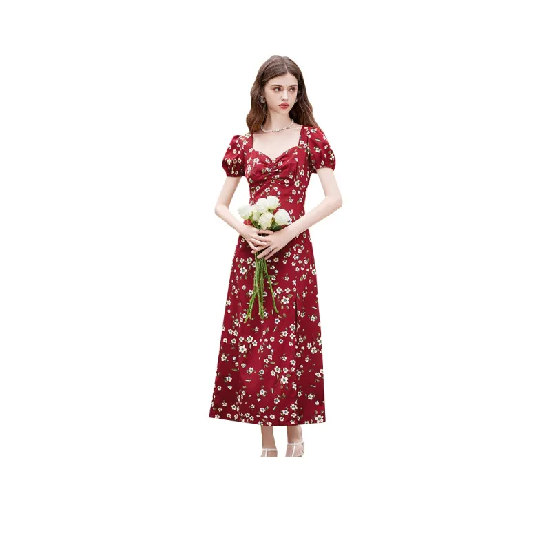 TOUCH Short Sleeved Dress Women's Red With Beige Green Floral-0
