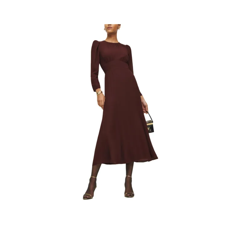 REFORMATION Lysander Dress Long-Sleeved Dresses Women's Mahogany-0