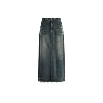 Wen Shan Denim Long Skirt Women's Vintage Blue