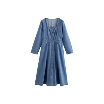 Initial Language Long-Sleeved Dresses Women's Denim Blue