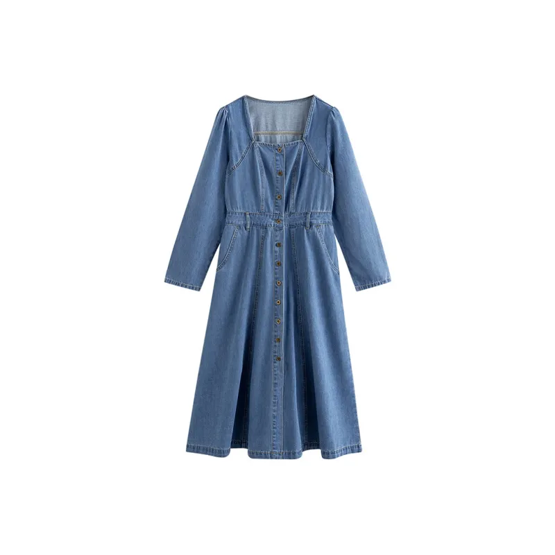Initial Language Long Sleeved Dress Women's Denim Blue-0