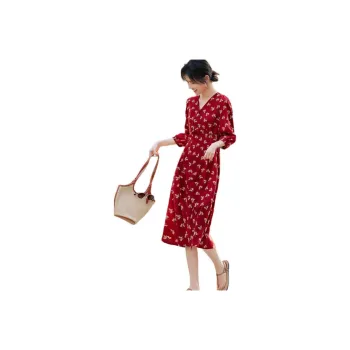 XWI Long Sleeved Dress Women's Red With Yellow Floral