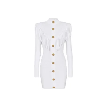 BALMAIN High Neck Fringed Knitted Minidress