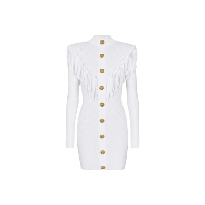 BALMAIN High Neck Fringed Knitted Minidress-0