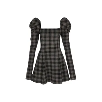 Selkie Collection FW24 Long-Sleeved Dresses Women's Gray White Interlocking Plaid Print
