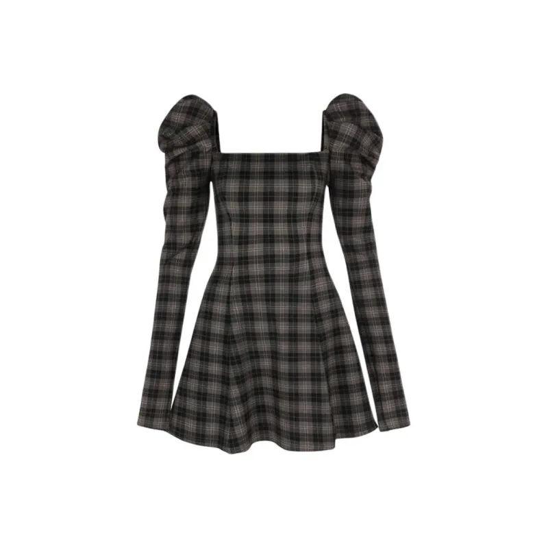 Selkie Collection FW24 Long-Sleeved Dresses Women's Gray White Interlocking Plaid Print-0
