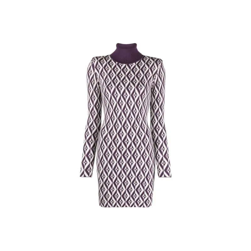Elisabetta Franchi Ikat Pattern Roll Neck Knitted Mini Dress-0