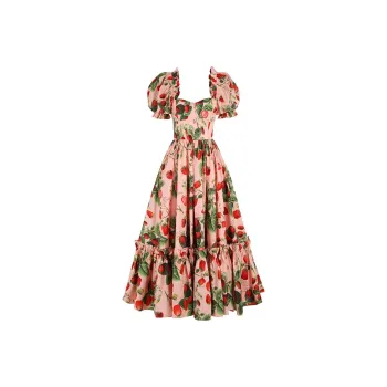 Selkie Collection SS25 Short Sleeved Dress Women's Pink With Strawberry Bubble Wine Print