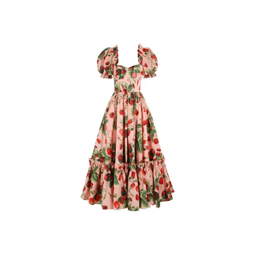 Selkie Collection SS25 Short Sleeved Dress Women's Pink With Strawberry Bubble Wine Print