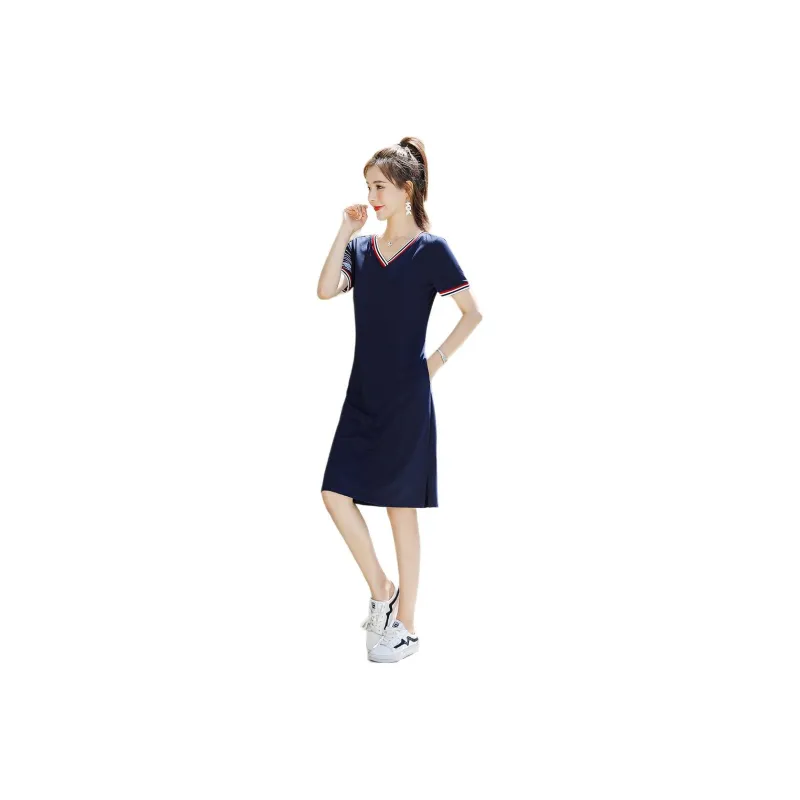 Mo Han Yi Mei Short Sleeved Dress Women's Navy Blue-0