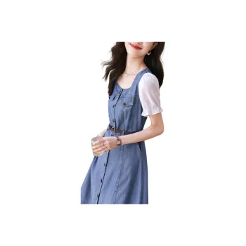 Mo Han Yi Mei Short Sleeved Dress Women's Denim Blue With Patterned Fabric