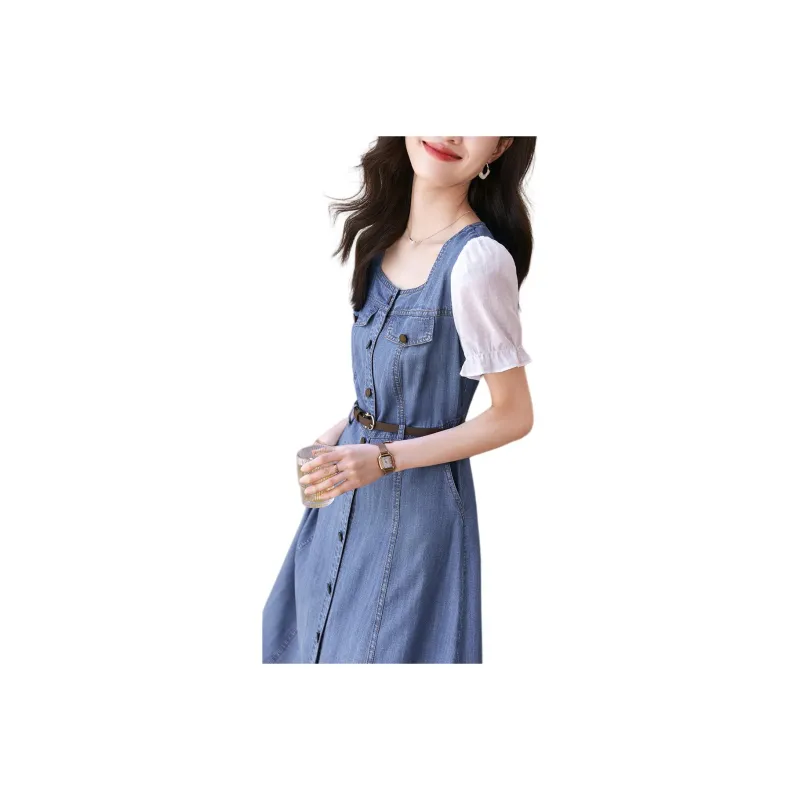 Mo Han Yi Mei Short Sleeved Dress Women's Denim Blue Patchwork-0