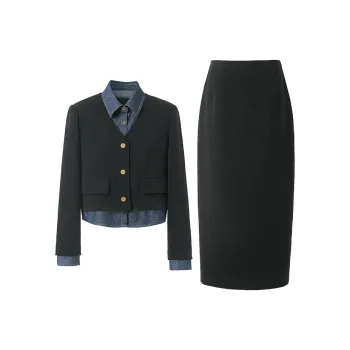 3COLOUR Casual Suits Women's Clothing Sets Classic Black Coat+Skirt