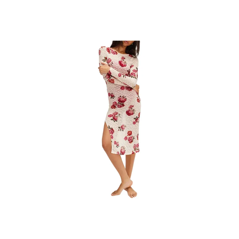FREE PEOPLE See You Soon Printed Slip Long-Sleeved Dresses Women's Ivory Combo-0