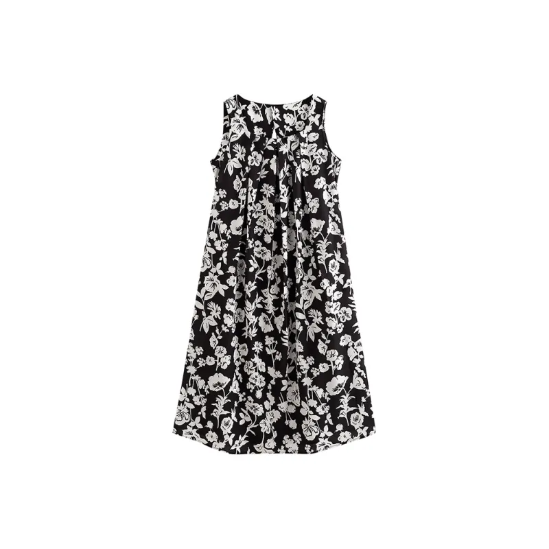 Initial Language Sleeveless Dress Women's Black Base With White Flowers-0