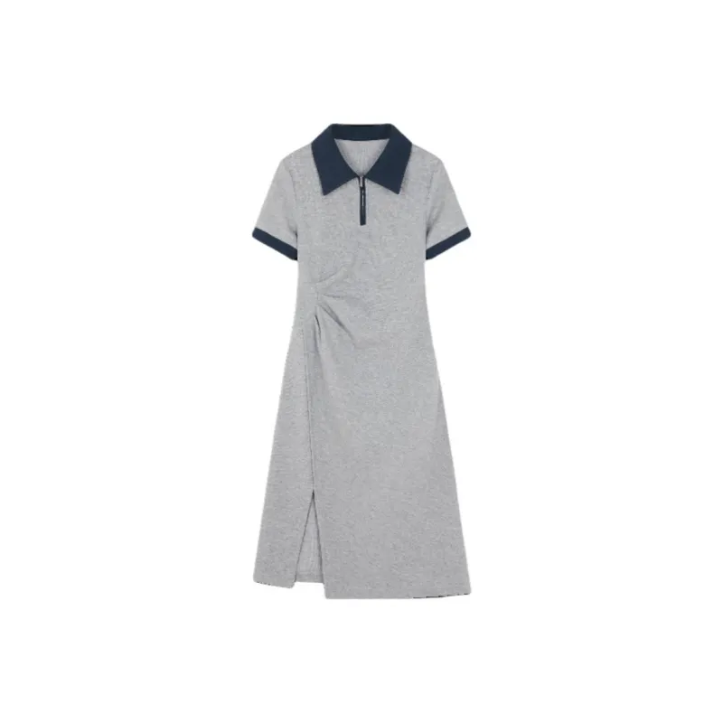 Mo Han Yi Mei Short Sleeved Dress Women's Gray & Navy Blue-0